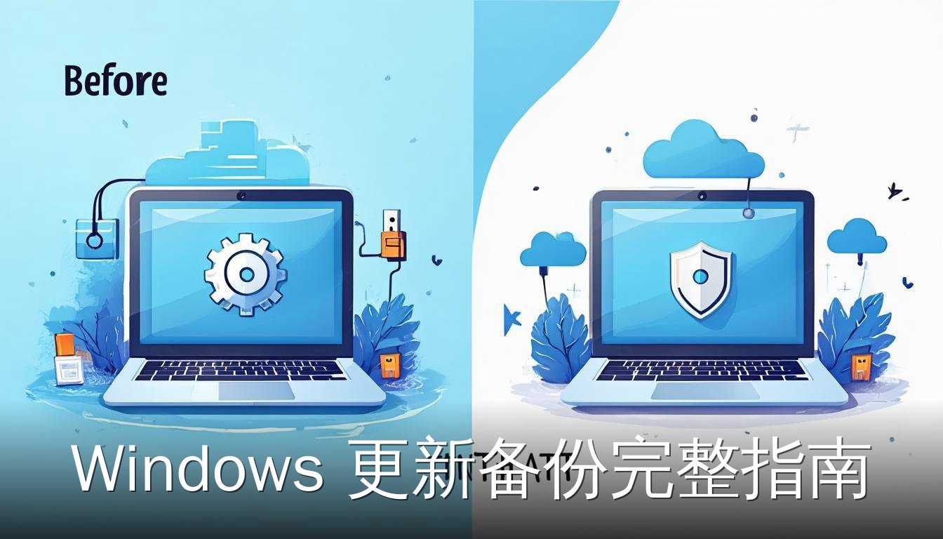 Windows 更新备份指南封面图，展示电脑、盾牌和U盘图标