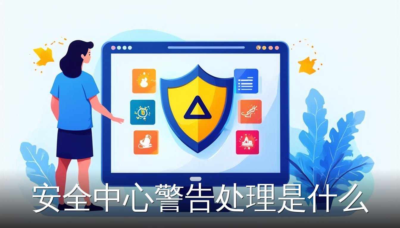 安全中心警告处理 电脑屏幕显示盾牌和警告标志 周围四个功能卡片